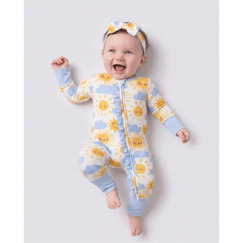 Bamboo Baby Boy/Girl Animal Printed 2-Way Zipper Anti Slip Long-sleeve Footie with/without Hairband Light Blue