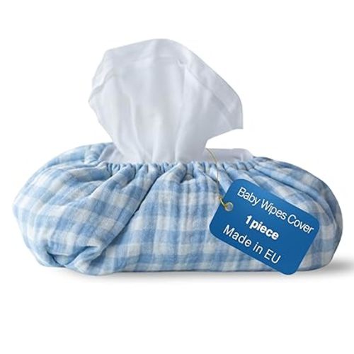 Baby Wipes Cover – Universal Size, One Size Fits All Wipes Packages | Muslin Cotton Tissue Cover for Nursery, Diaper Bag & Changing Table, Station | Gingham & Neutral Patterns (Baby Blue Gingham)