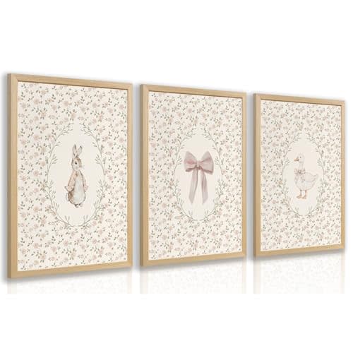 Grajoy Wood Framed Vintage Bunny Goose Florals Nursery Wall Art, 12"x16"x3" | Cottagecore Bunny Goose Decor, Pink Bow Nursery Poster Prints, Vintage Botanical Artwork for Nursery Girls Room Living Room