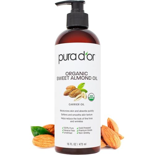 PURA D'OR 16 Oz ORGANIC Sweet Almond Oil - 100% Pure & Natural USDA Certified Cold Pressed Carrier Oil For DIY Beauty - Non-Greasy, Unscented, Hexane Free Moisturizer - Massage Oil For Hair & Skin | ORGANIC, 100% Pure, Natural, USDA Certified