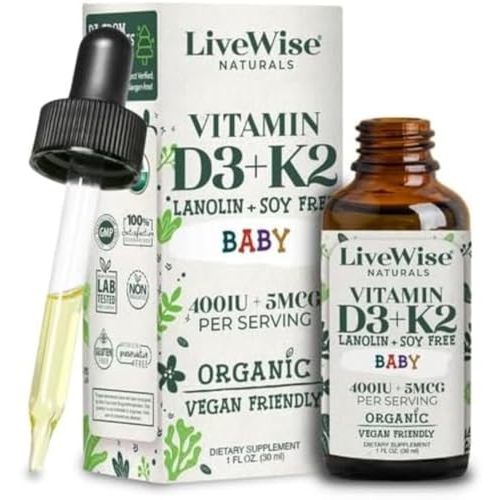 Live Wise Naturals Vitamin D3+K2 Liquid Drops - Organic MCT Oil Formula for Baby - Easy Absorption D3 K2 Supplement for Immune Support & Bone Health 1- Fl Oz