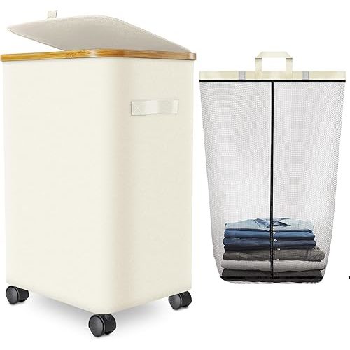 Laundry Hamper with Wheels,20 Gal (75L) Laundry Basket with lid Rolling Clothes Hamper Foldable Dirty Clothes Basket on wheels with Bamboo Frame and Bag for Bedroom, Dorm, Laundry Room-Off White