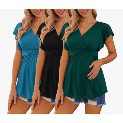 Ekouaer Maternity Shirts 3 Packs Flying Short Sleeve Nursing Tops Pregnancy Clothes