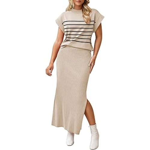 Pink Queen Women's 2 Piece Sweater Outfits Set Summer Cap Sleeve Tops Bodycon Maxi Long Skirt Knit Dresses