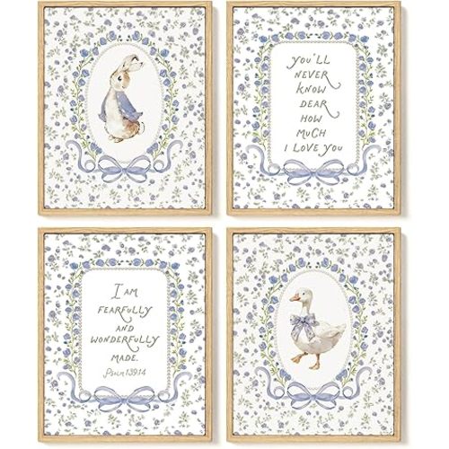 SkyCozy Baby Girl Nursery Decor- Blue Floral Goose Christian Nursery Wall Art Decor, Cottagecore Bunny Poster & Prints Wall Art for Girl Nursery Room Bedroom Decor 8x10Inch Set of 4 (UNFRAMED)