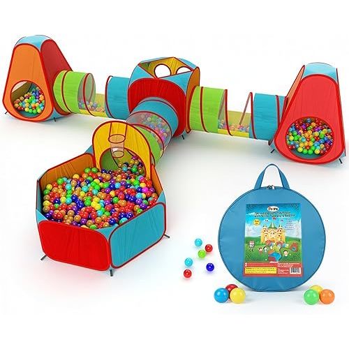 Playz 7pc Kids Play Tent with 1 Big Ball Pit for Babies, 3 Play Tunnel for Toddlers, and 3 Pop Up Tents Playhouse Bundle, Best Birthday Gift for Boys & Girls, Indoor & Outdoor Use Portable Play Center