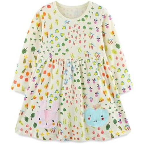 FreeLu Toddler Girls Cartoon Applique Dresses Striped Casual Dress Cotton Jersey Longsleeve T-Shirt