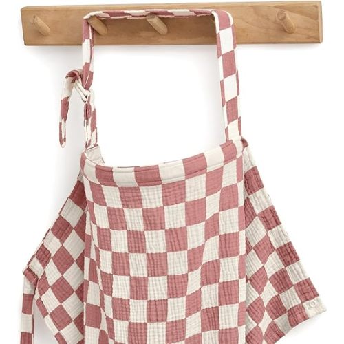Blissful Diary Muslin Nursing Cover for Breastfeeding, Breathable Breastfeeding Cover up with Arch Neckline for Women, Nursing Apron (Dusty Pink Checkboard)