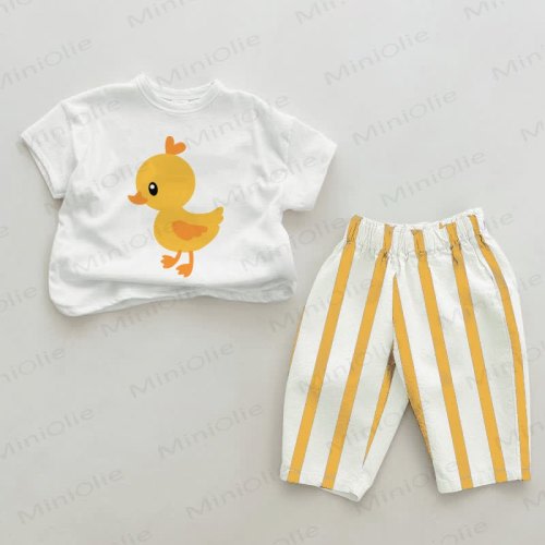 Baby Duck Print Yellow Vertical Striped 2-piece Set