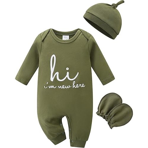 Cute Newborn Unisex Baby 100% Cotton Long Sleeve Onesie Coming Home Outfits,Soft Romper with Mittens & Hat