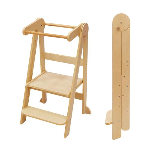 Foldable Toddler Tower Preassembled Kitchen Stool, Folding Tower for Learning with 3 Adjustable Heights Montessori Toddler Standing Tower Collapsible Step Stool for Kids 1.5-6y Natural