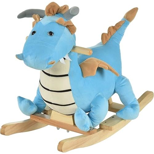 Qaba Kids Plush Ride-On Rocking Horse Toy Dinosaur Ride Rocking Chair with Realistic Sounds for18-36 Months, Blue