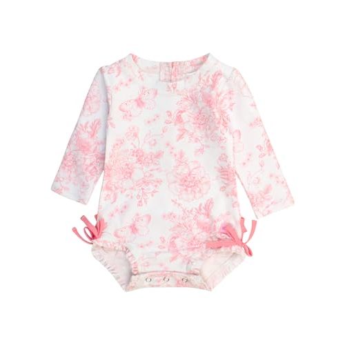 RuffleButts Baby Girls UPF 50+ Sun Protection Floral Printed Long Sleeve One Piece Rash Guard Swimsuit with Zipper
