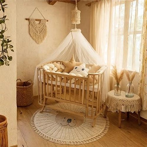 Mabela Knitted Wooden Baby Bassinet with Canopy, Natural Beech Cradle with Rocking & Locking Function, Includes 100% Cotton Bedding Set, 60x120 cm Mattress, Pillow, Bumper, Mosquito Net,