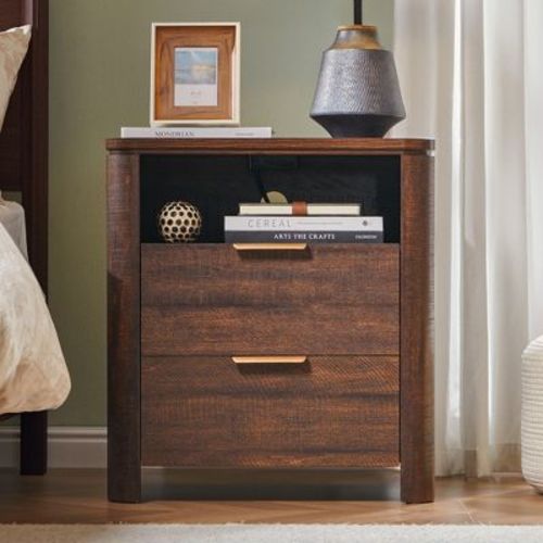 Night Stand w/ Charging Station, 21.8" Modern Curved Bedside Table w/ 2 Storage Drawers & Open Shelf, Wood End Table for Bedroom, Living Room, Brown