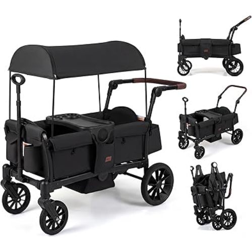 INFANS Wagon Stroller for 2 Kids, Foldable Wagon Cart with Adjustable Handle Pull Bar, Removable Canopy, Footwell, Snack Tray, Harnesses for Infants Toddlers 6-36 Months (Black)