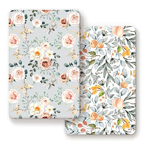 GRSSDER Stretchy Ultra Soft Jersey Knit Fitted Pack n Play Sheets Set 2 Pack, Portable/Mini Crib Sheets for Girls, Watercolor Flowers and Fruits