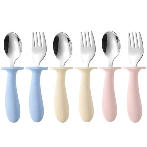 ROXANEPIG 6 PACK Toddler Utensils, Kids Silverware Set with Silicone Handle, Children Safe Spoons and Forks, 18/8 Stainless Steel, Food-grade Silicone - Dishwasher Safe