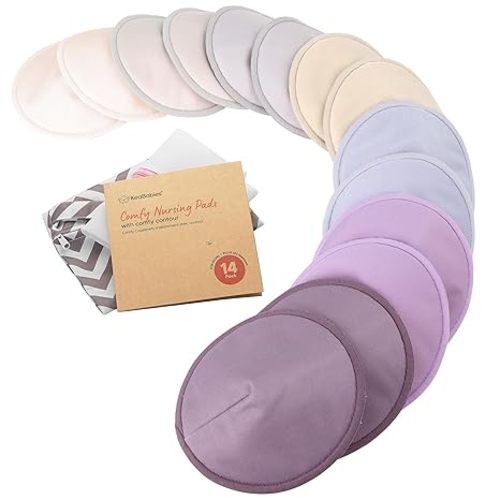 Organic Nursing Pads - 14 Washable Breast Pads for Breastfeeding, Wash Bag, Viscose Derived from Bamboo Reusable Nipple Covers for Breastfeeding Essentials, Soft & Absorbent (Violet, L 4.8")