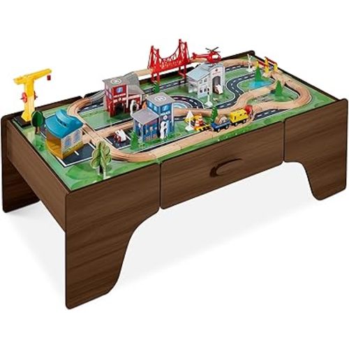 Best Choice Products Large 50in 35-Piece Train Table, Multipurpose Wooden Toy Activity Playset for Children w/Tracks, Reversible Top - Walnut
