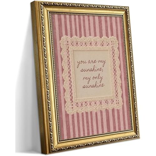 Gold Framed Vintage Pink Nursery Wall Art, Coquette Quote Picture Wall Decor, Pink Striped Canvas Print, Cottagecore Poster Painting for Girls Bedroom Kids Room Baby Nursery Home Decor 8x10in