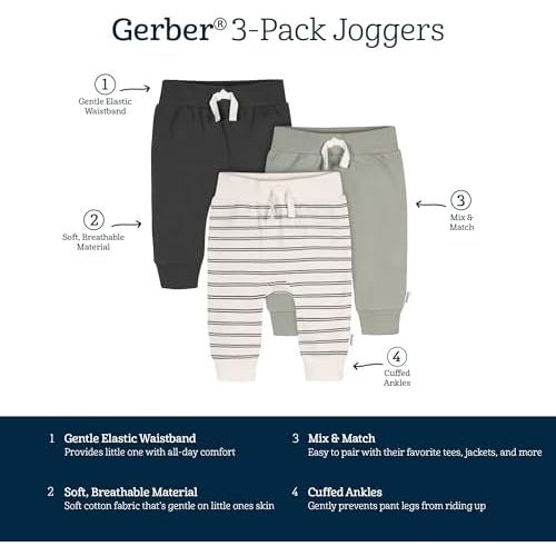 Gerber Baby Boys' Toddler 3-Pack Jogger Pants, Cozy Adventure, 3-6M