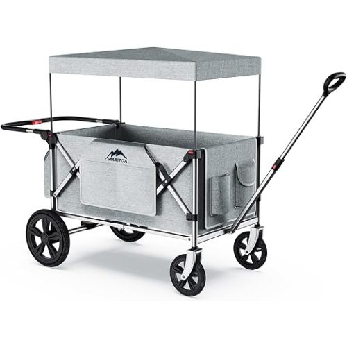 4 Seater Foldable Wagon Stroller & Cargo,with 5-Point Harnesses,Adjustable Push/Pull Handle, Removable Sun Canopy, One-Step Locking Design, Suitable for Family Travel, 4 Children Ride, Gift