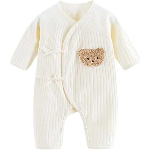 Newborn Baby Cotton Onesie, Cute Bear Patched Casual Long Sleeve Bodysuit, Toddler & Infant Boy's Girl's Comfortable Clothing