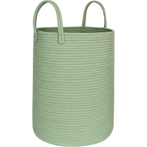 Large Green Laundry Basket, 16.5"x22.5" Tall Woven Cotton Rope Bin for Blankets Clothes, Baby Nursery Laundry Hamper, Kids Toy Storage Bin, Green Living Room Bedroom Storage Basket for Decor