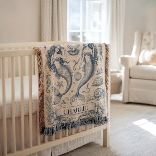 Personalized Mermaid Baby Blanket, Ocean Nursery Woven Throw - BLANKET04K
