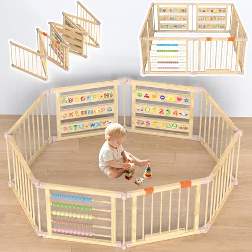 Foldable Wooden Baby Playpen with Gate, Wood Baby Play Pen Play Yard with Educational Abacus, Alphabet Board, Shape Color Board & Child Proof Lock, Wood Playpen for Babies and Toddlers 57×57×23 inch