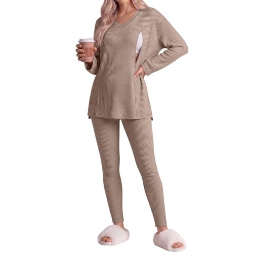 Neer 2 Pcs Maternity Nursing Pajamas Set Oversize | Breastfeeding Outfits, Waffle Postpartum Pjs, Loose Fit Long Sleeve Shirts and Legging Pants Sets, Baggy Loungewear Sleepwear