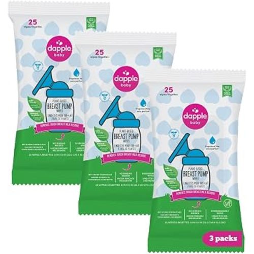 Dapple Baby Breast Pump Wipes, 25 Count (Pack of 3), Fragrance Free, Plant-Based & Hypoallergenic – Removes Milk Residue, Leaves No Taste