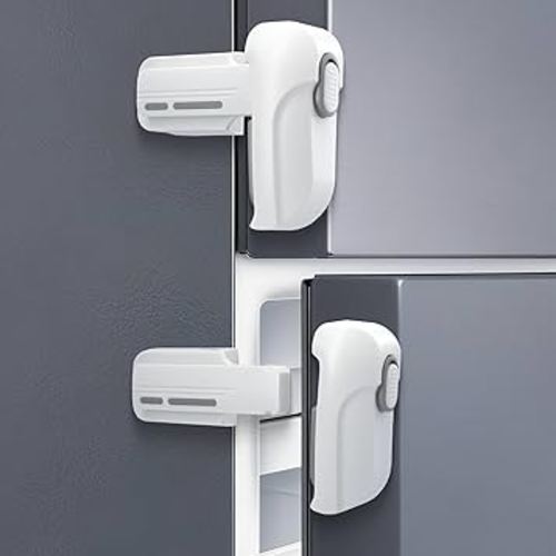 2 Pack Dual Mode Fridge Locks, Upgraded Child Proof Refrigerator Lock with Sticky Adhensive Pads, Durable ABS Freezer Door Latch to Keep Door Closed, No Tools Need or Drill (White)