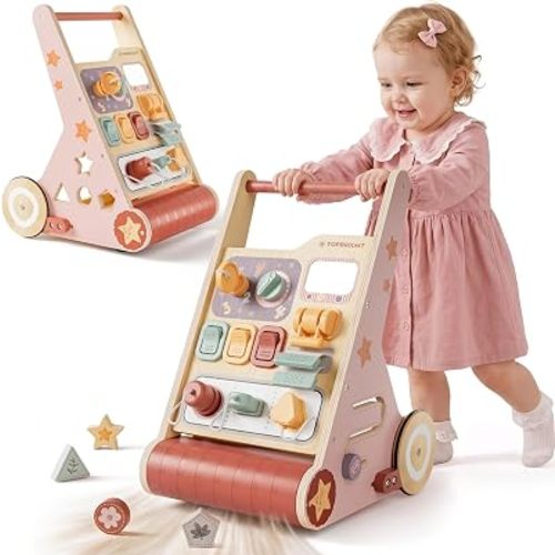TOPBRIGHT Wooden Baby Walker with Activity Center for 1 Year Old Girl Gifts