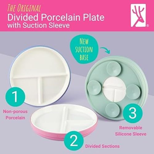 Elk and Friends Kids 7.8” Porcelain Divided Plates with Silicone Suction Sleeves | Suitable for Kids/Toddlers | Microwave & Dishwasher Safe | Non Slip | Snack Dishes | 4 Pack