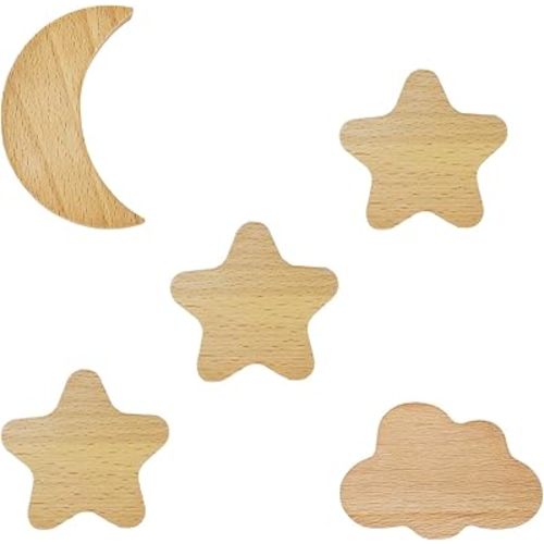 KUMGROT 5pcs Coat Hooks Wall Mounted Wood Wall Hooks Decorative Cute Hooks for Living Room Bedroom Hanging Clothes Hats Towels Purse 1 Moon 3 Stars 1 Cloud