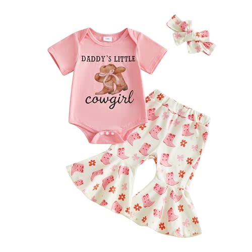 My First Rodeo Baby Girl Outfits Letter Print Short Sleeve Romper and Flared Pants with Headband Set Clothes