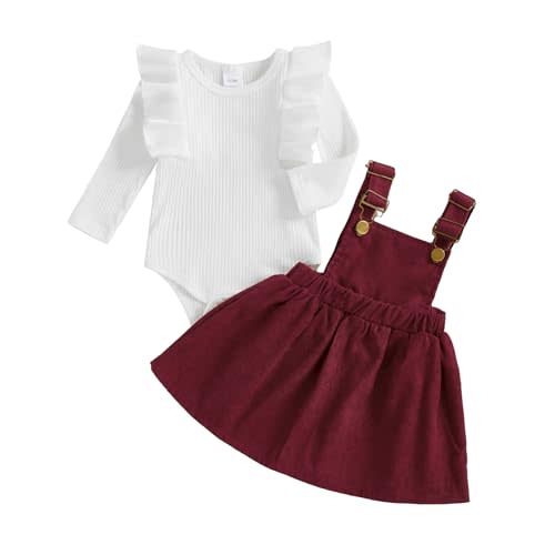 Newborn Baby Girl Outfits Ruffle Long Sleeve Ribbed Romper Corduroy Suspender Skirt Overall Dress Fall Clothes