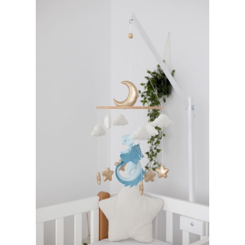 Blue Dragon nursery baby mobile, Baby boy mobile, Felt hanging toy, Fantasy baby nursery, Golden moon and stars, Baby shower gift