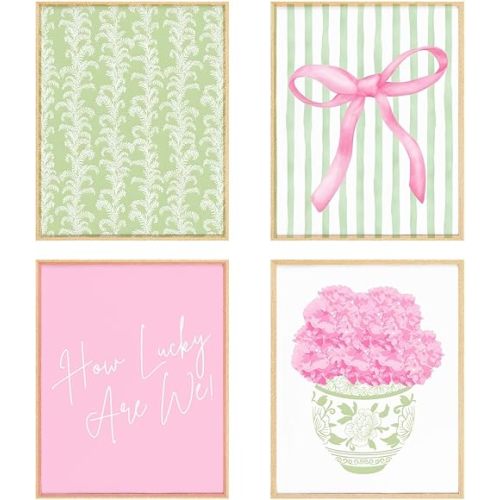 BRRNYOI Coquette Pink Bow Hydrangea Floral Wall Art Posters Set of 4, Grandmillennial Home Decor, Sage Green Botanical Flower Canvas Prints Wall Decor for Bedroom Living Room, 8x10 Unframed
