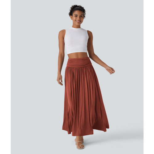 High Waisted Ruched Flowy Maxi Skirt-Medium