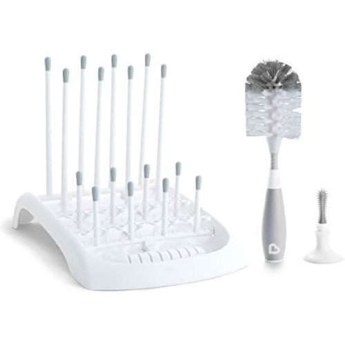Munchkin Fold Baby Bottle Drying Rack and Bristle Bottle Brush Cleaning Essentials Set, White/Grey