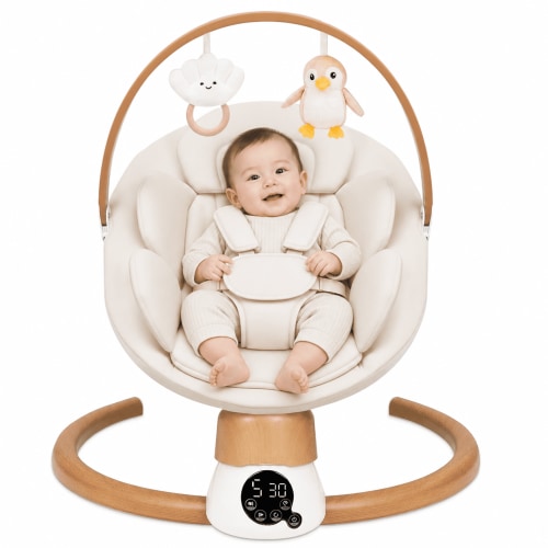 PRVAETU Baby Swing for Infants & Newborns 0-12 Months,Swing Rocker with 3 Timers,5 Speeds,10 Lullabies,5-Point Harness,Remote Control,Beige