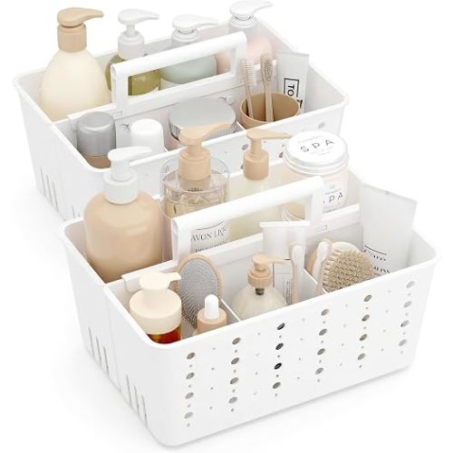 Lifewit Shower Caddy Portable, Caddy Organizer with Handle and Adjustable Dividers, Plastic Shower Basket for Dorm Room Essentials, College, Bathroom, White, 2 Packs