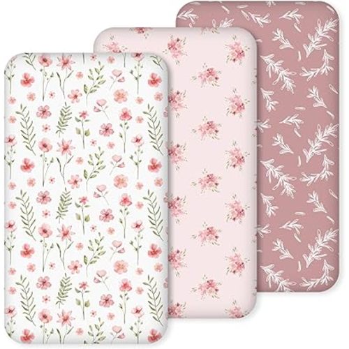 Nap Mat Sheet 47"x24", 3 Pack Pink Floral Baby Crib Sheets Fitted Elastic Corners, Preschool Day Care Rest Mat Cover, Soft Breathable - Compatible with Regalo My Cot, Joovy Travel Cot