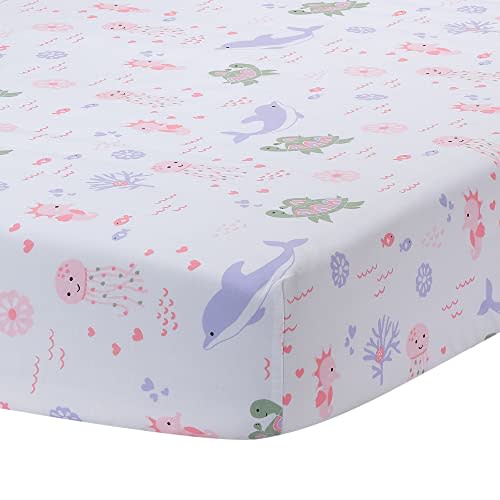 Lambs & Ivy Sea Dreams Soft White Cotton Nautical Ocean Fitted Crib Sheet | Breathable 100% Cotton Baby/Toddler Sheet w/ Dolphins, Turtles, Jellyfish, Sea Horses, Fish, Corals