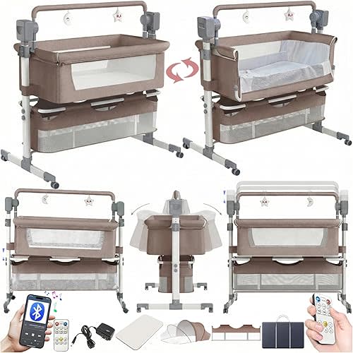 Electric Bluetooth Smart Baby Bedside Bassinet, Baby Bassinet Bedside Sleeper, Next to Me Crib with Wheels, Foldable Co-Sleeping Bed Bassinet for Newborn with 5 Swaying Gears and Remote (601 Khaki)