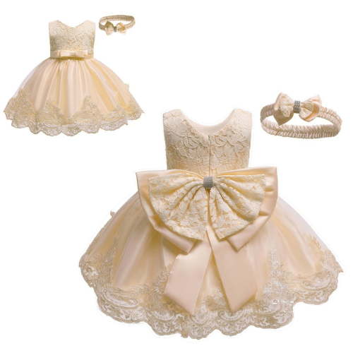 WOYY Newborn Girls Lace Bowknot Princess Wedding Formal Dress & Headband Set, Sizes 0-24M