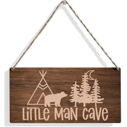 Little Man Cave Sign Woodland Nursery Wall Decor for Baby Boys Nursery Room Decor for Boys Bedroom Farmhouse Sign Rustic Bear Forest Animal Signs 12 × 6 Inch（Wood 4008）